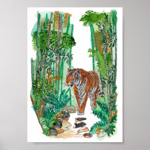 Handgemalte majestätische Tiger-Dschungel-Aquarell Poster