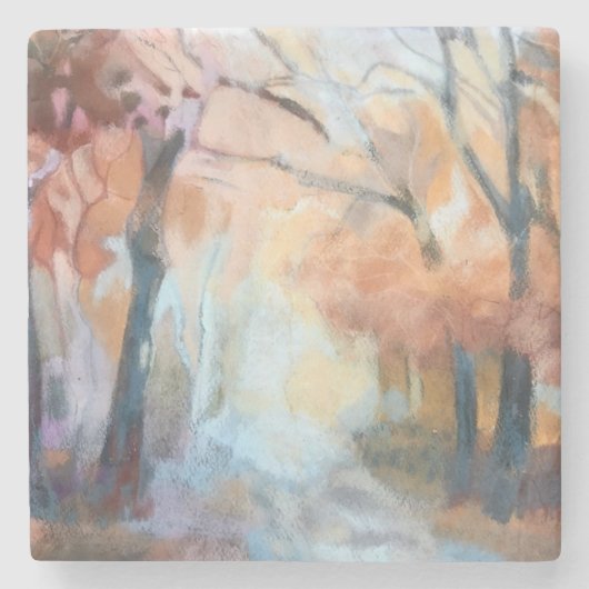 Handgemalte, orange-gelbe Bäume Steinuntersetzer (Vorderseite)