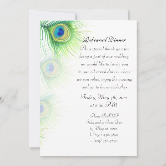 Handgemalte Pfauenfeathers Probe Dinner Einladung (Vorderseite)