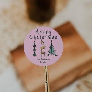 Handgemalte rosa abstrakte Weihnachtsbaum-Rentiere Runder Aufkleber