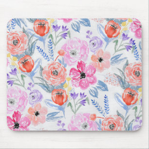 Handgemalte rosa korallenrote Watercolor-Blumen Mousepad