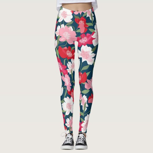 Handgemalte rosa Rot-Kosmos-Blume Muster Fun Leggings (Vorderseite)