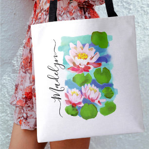 Handgemalte, rosa Wasserlilien Künstlerische Toten Tasche