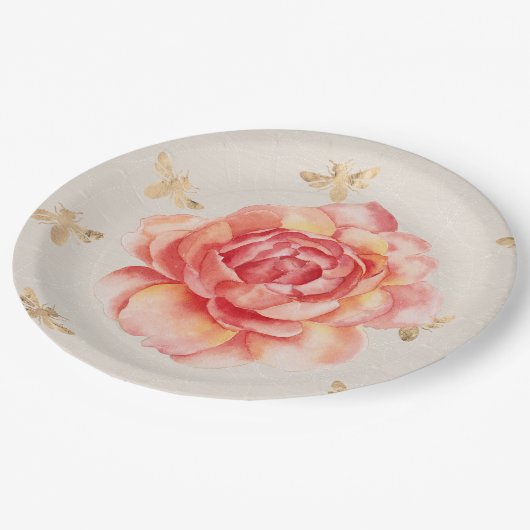 Handgemalte Rose oder Birne mit Golden Bees auf We Pappteller (Schrägansicht)