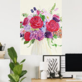 handgemalte rote Rose magenta hydrangea Bouquet Poster (Heimbüro)