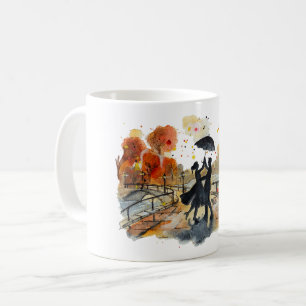 Handgemalte Silhouette eines Stadtpaares im Herbst Kaffeetasse