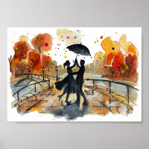 Handgemalte Silhouette eines Stadtpaares im Herbst Poster