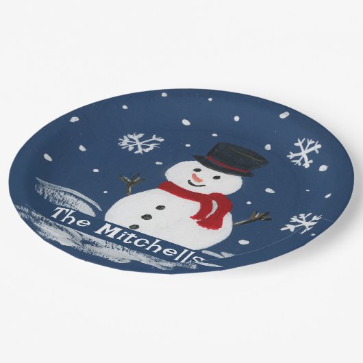 Handgemalte Snowman PERSONALIZE Pappteller (Schrägansicht)