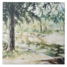 Handgemalte Sommerlandschaft grüne Bäume Fluss