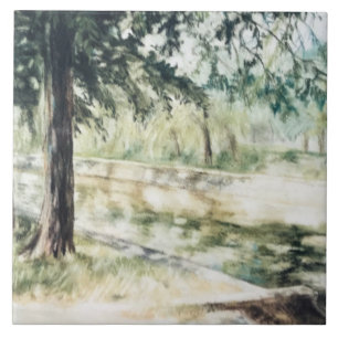 Handgemalte Sommerlandschaft grüne Bäume Fluss Fliese