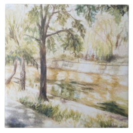 Handgemalte sommerliche Aquarellbäume Fluss Fliese