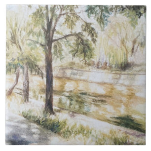 Handgemalte sommerliche Aquarellbäume Fluss Fliese