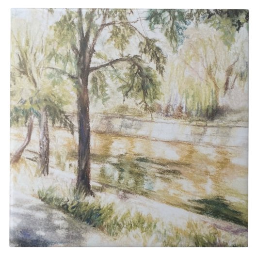 Handgemalte sommerliche Aquarellbäume Fluss Fliese (Vorderseite)