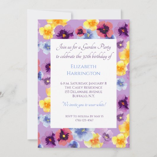 Handgemalte Stiefmütterchen Blumengarten Party Geb Einladung (Vorderseite)