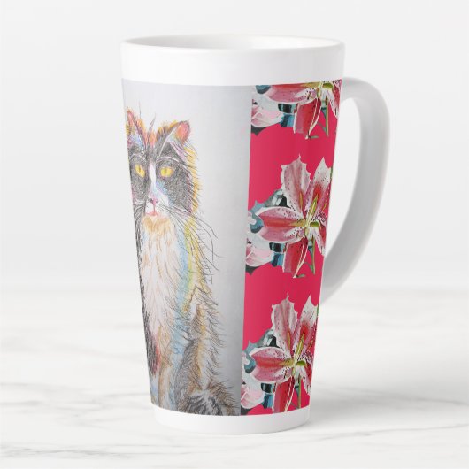 Handgemalte Tuxedo Katze Blumenrot Latte Tasse (Rechte Ecke)