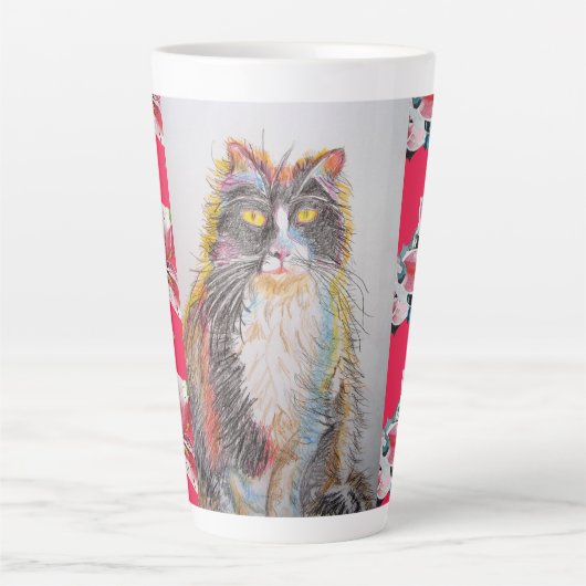 Handgemalte Tuxedo Katze Blumenrot Latte Tasse (Vorderseite)
