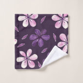 Handgemalte violette Blumen Badhandtuch Set (Waschlappen)