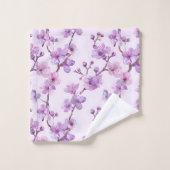 Handgemalte violette Blumen Badhandtuch Set (Waschlappen)
