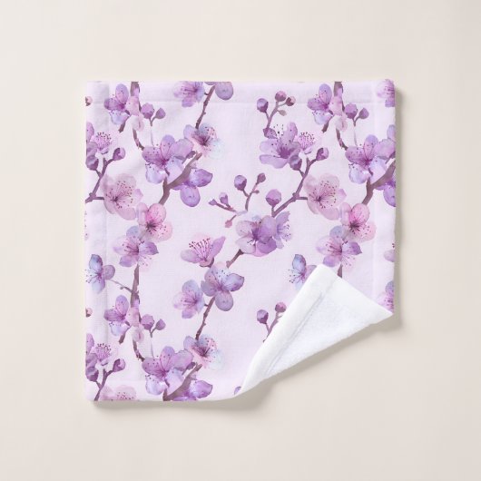Handgemalte violette Blumen Badhandtuch Set (Waschlappen)