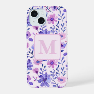 Handgemalte violette Blumen personalisiertes Monog iPhone 15 Hülle