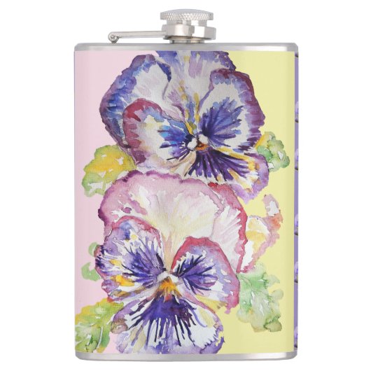 Handgemalte violette Stiefmütterchen Blumen floral Flachmann (Vorderseite)