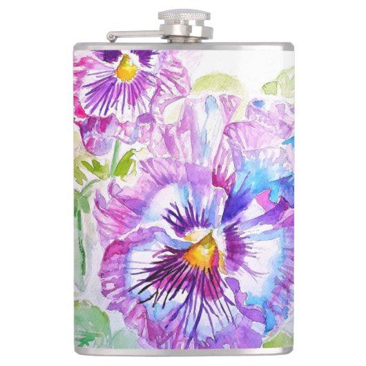 Handgemalte violette Stiefmütterchen Blumen floral Flachmann (Vorderseite)