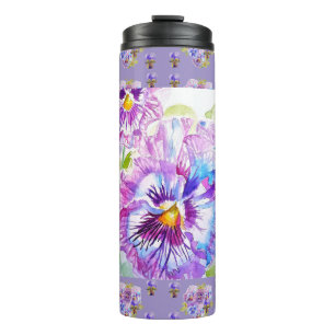 Handgemalte violette Stiefmütterchen Blumen floral Thermosbecher