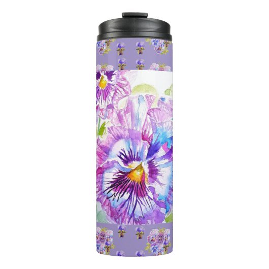 Handgemalte violette Stiefmütterchen Blumen floral Thermosbecher (Vorderseite)