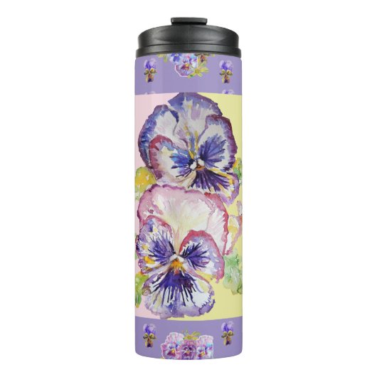 Handgemalte violette Stiefmütterchen Blumen floral Thermosbecher (Vorderseite)
