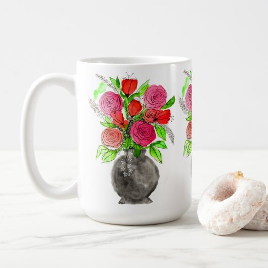 Handgemalte Wasserfarbe Abstrakte Blumenkunst Kaffeetasse (Mit Donut)