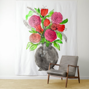 Handgemalte Wasserfarbe Abstrakte Blumenkunst Wandteppich