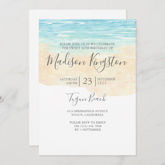 Handgemalte Wasserfarbe Blue Beach Sweet 16 Einlad Einladung (Vorne/Hinten)