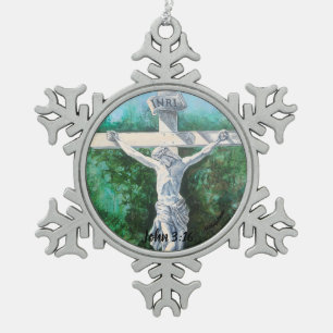 Handgemalte Weiße CRUCIFIX Schneeflocken Zinn-Ornament