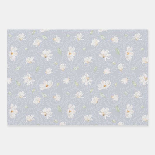 Handgemalte weiße Magnolia auf Pastellblau Geschenkpapier Set (Vorderseite 3)