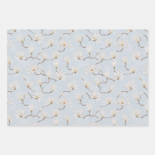 Handgemalte weiße Magnolia auf Pastellblau Geschenkpapier Set (Vorderseite 2)