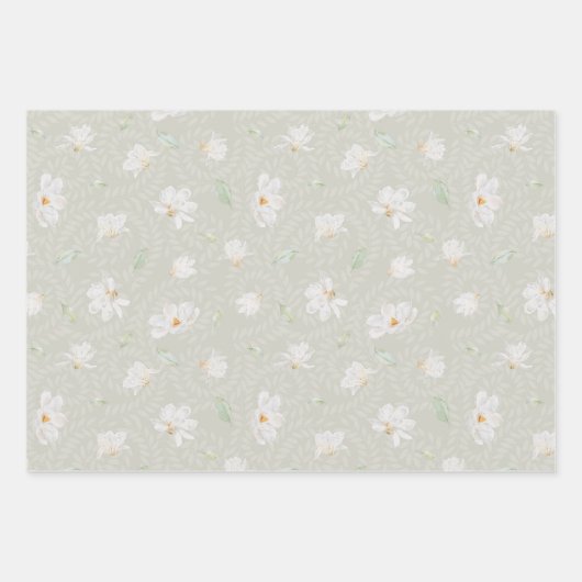 Handgemalte weiße Magnolia auf Pastellgrün Geschenkpapier Set (Vorderseite 3)