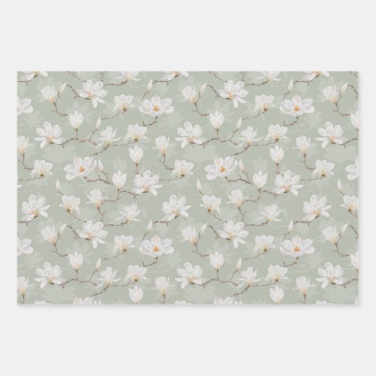 Handgemalte weiße Magnolia auf Pastellgrün Geschenkpapier Set (Vorderseite 2)