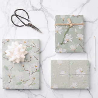 Handgemalte weiße Magnolia auf Pastellgrün Geschenkpapier Set