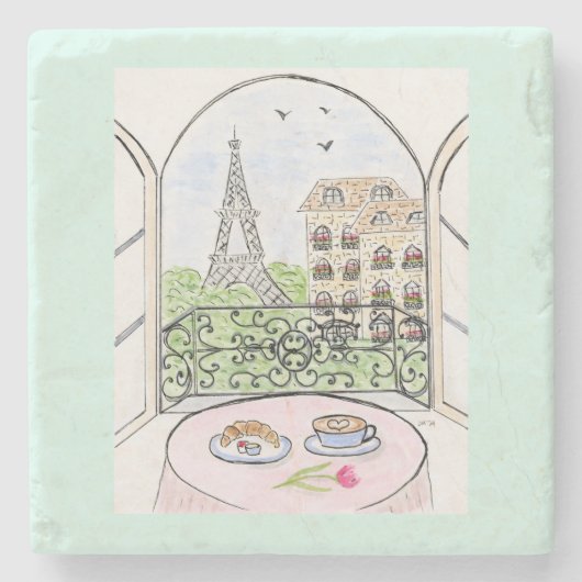 Handgemalte whimsical Paris Eiffelturm Café Croiss Steinuntersetzer (Vorderseite)