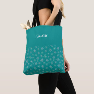 Handgemalte White & Aqua Schneeflocken auf Aquamar Tasche
