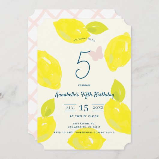 Handgemalte Zitrone und Pink-Karo Girl Geburtstag Einladung (Vorne/Hinten)