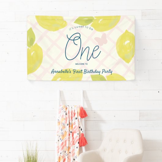 Handgemalte Zitrone und Pink-Karo zum ersten Gebur Banner (Insitu)