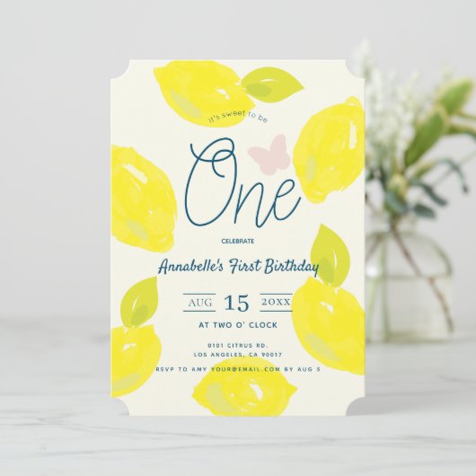Handgemalte Zitrone und Pink-Karo zum ersten Gebur Einladung (Stehend Vorderseite)