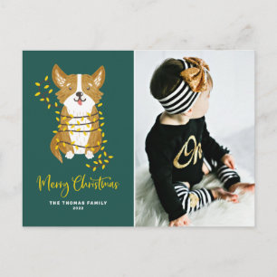 Handgemalter Corgi in Lichterkette Hunde-Foto Weih Feiertagspostkarte