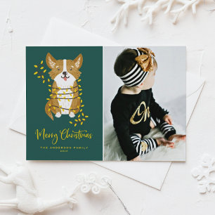 Handgemalter Corgi in Lichtern Hunde-Foto Weihnach Feiertagskarte