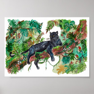 Handgemalter Panther Dschungel Aquarell Kunst Poster
