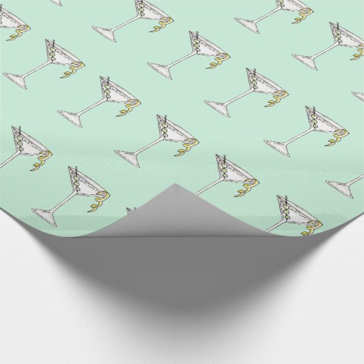Handgemaltes Aquarell-olivgrünes Martini-Cocktail Geschenkpapier (Ecke)