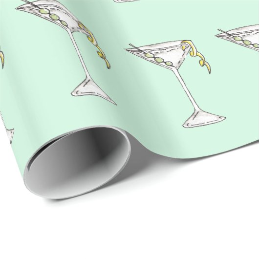 Handgemaltes Aquarell-olivgrünes Martini-Cocktail Geschenkpapier (Rolleneckpunkt)
