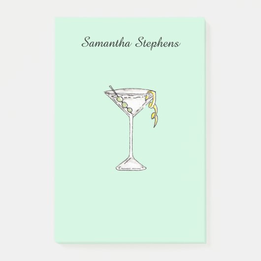 Handgemaltes Aquarell-olivgrünes Martini-Cocktail Post-it Klebezettel (Vorderseite)