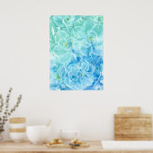 Handgemaltes blau-grünes Blumendesign Poster (Küche)